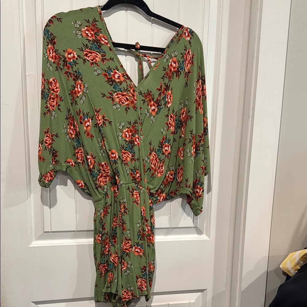 Green Floral Wrap Romper with Red Rose Print
